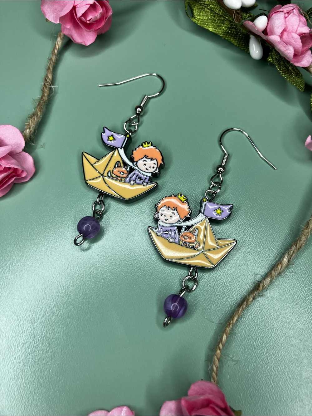 Kawaii Fox and Prince Paper Boat Handmade Dangle Earrings